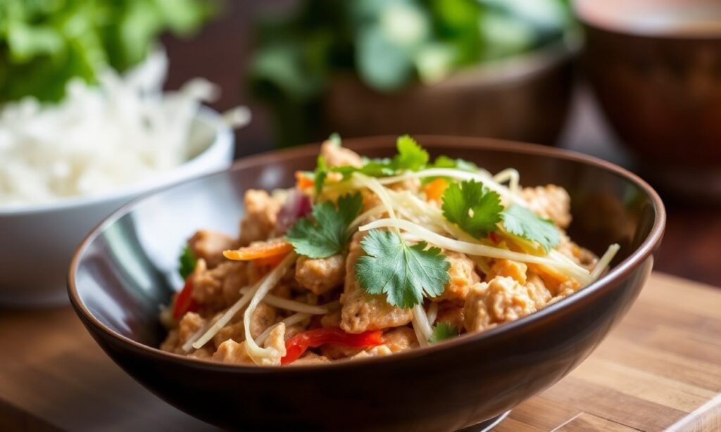 Spicy Thai Larb Gai chicken salad recipe for home cooks.