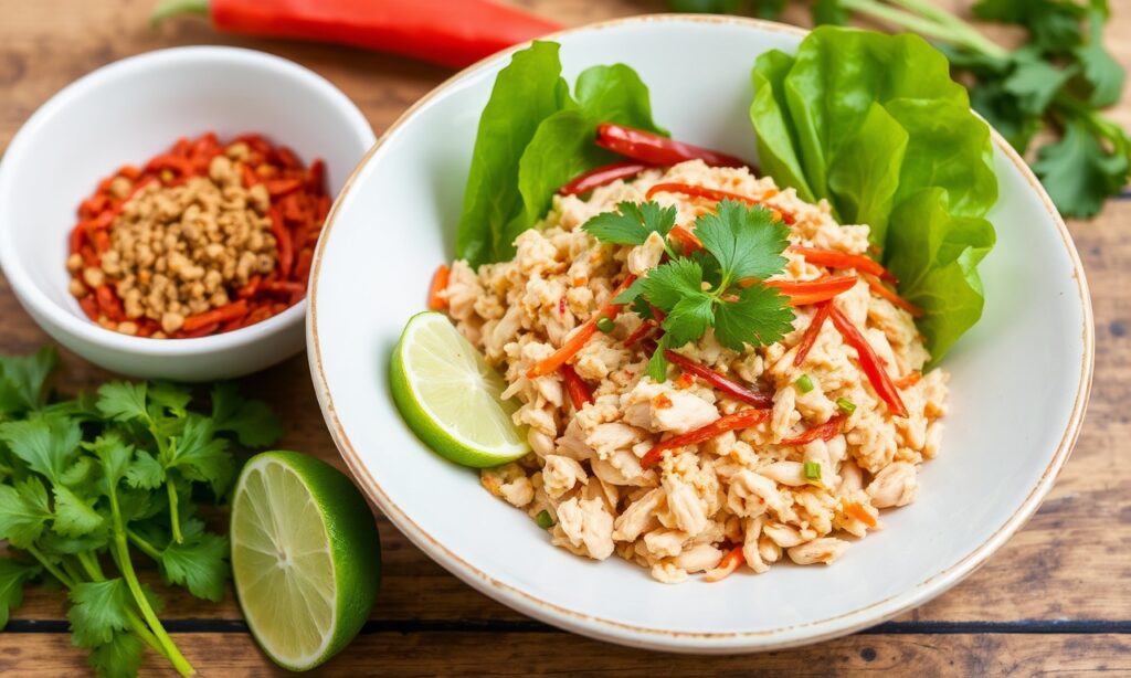 Larb Gai recipe: vibrant, zesty Thai chicken salad with a spicy kick.