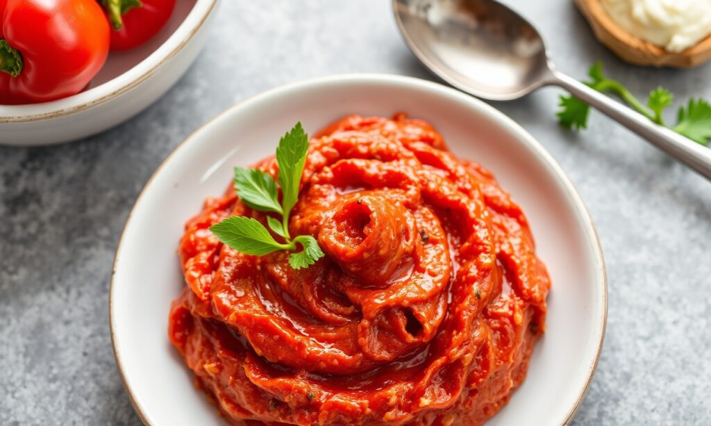 Quick flavorful roasted red pepper spread, bright, bold, bursting with flavor.
