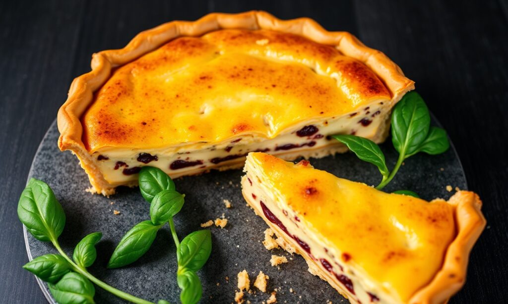 Delicious vegan quiche slice on plate, plant-based comfort food.