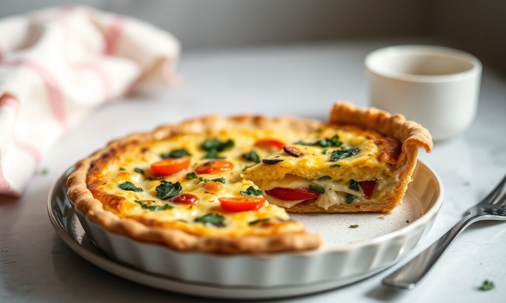 Delicious vegan quiche, golden and flaky, fresh from the oven.
