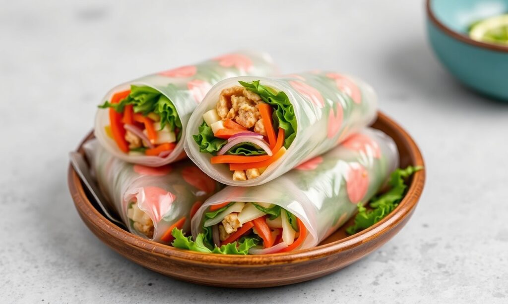 Crisp, fresh vegan spring rolls bursting with vibrant flavor.