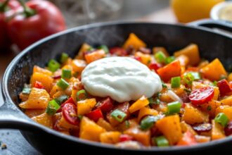 Colorful sweet potato hash with vibrant bell peppers and onions.