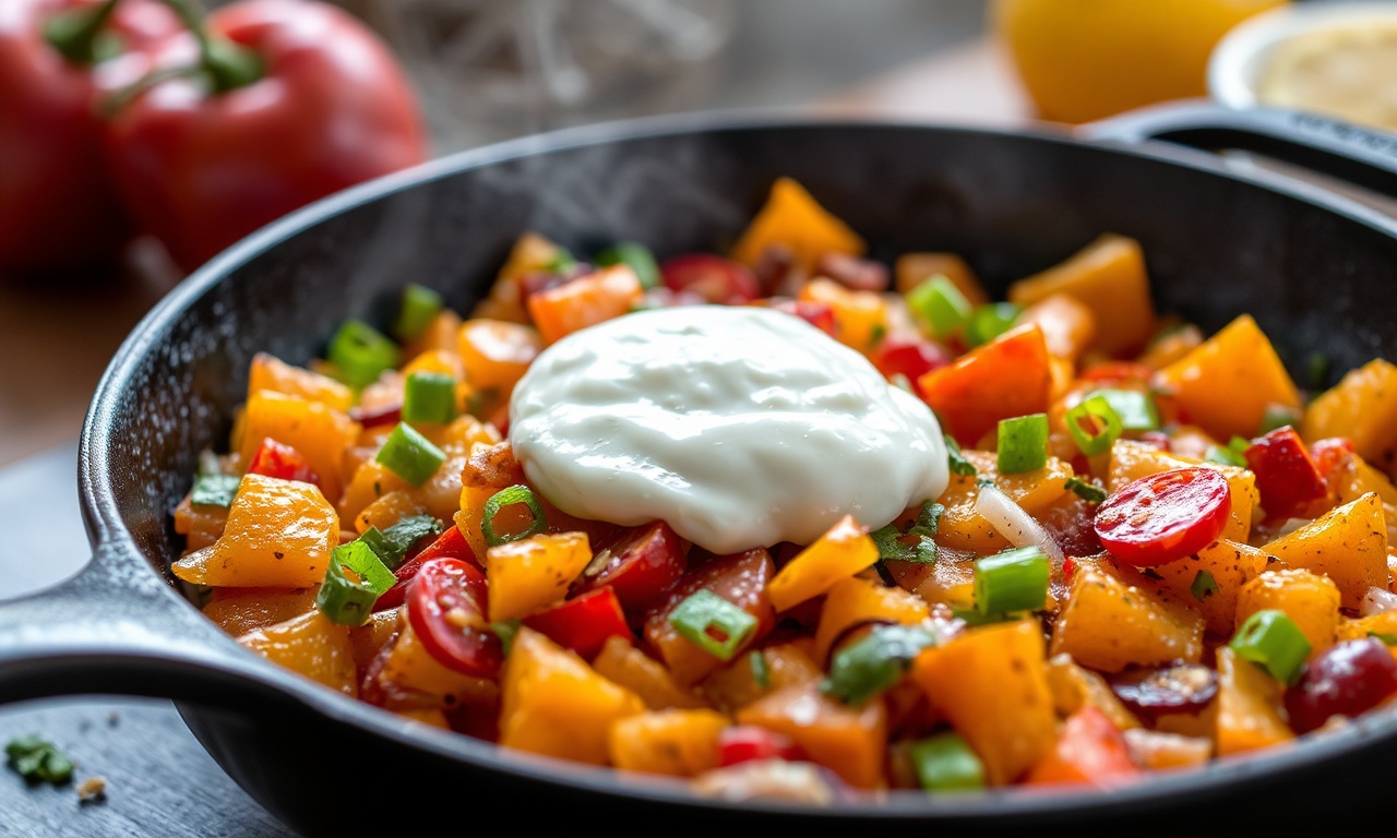 Colorful sweet potato hash with vibrant bell peppers and onions.