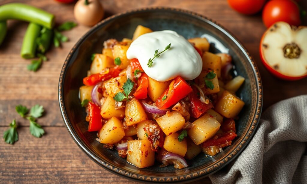 Colorful sweet potato hash with bell peppers and onions.