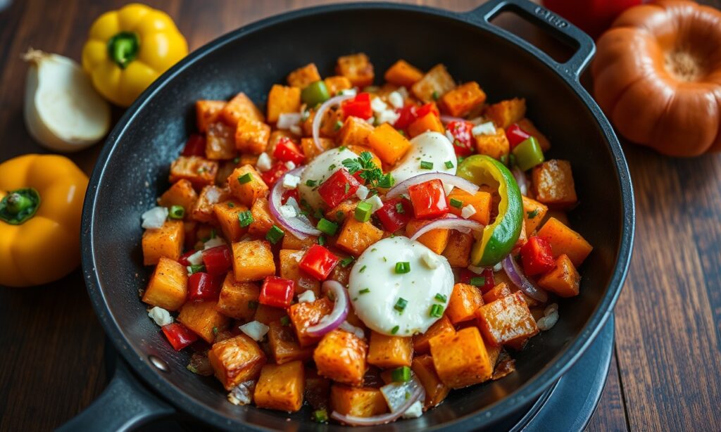 Colorful sweet potato hash with bell peppers and onions.