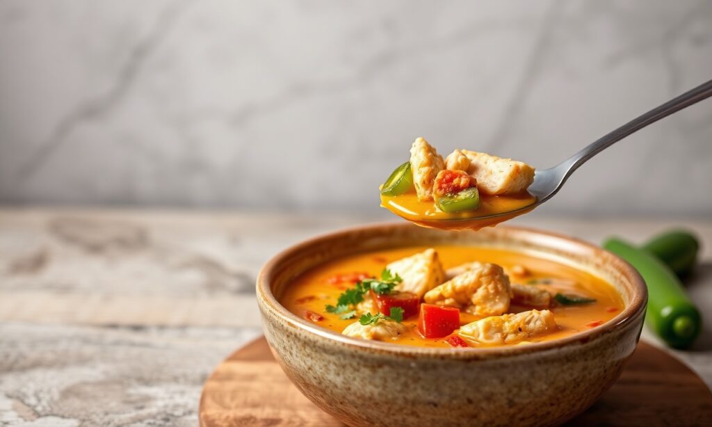Fiery Comfort: Delicious jalapeño popper chicken soup bowl.