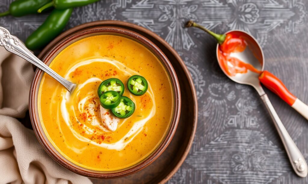 Fiery comfort: Jalapeño Popper Chicken Soup for a spicy, delicious meal.