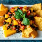 Tropical Twist: Mango black bean salsa with plantain chips.