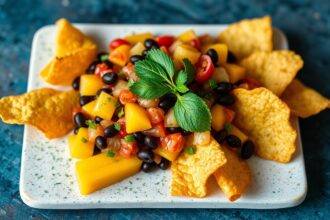 Tropical Twist: Mango black bean salsa with plantain chips.