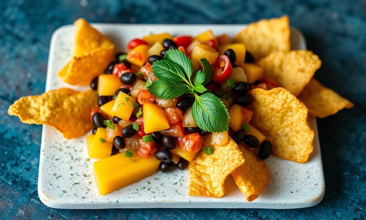 Tropical Twist: Mango black bean salsa with plantain chips.