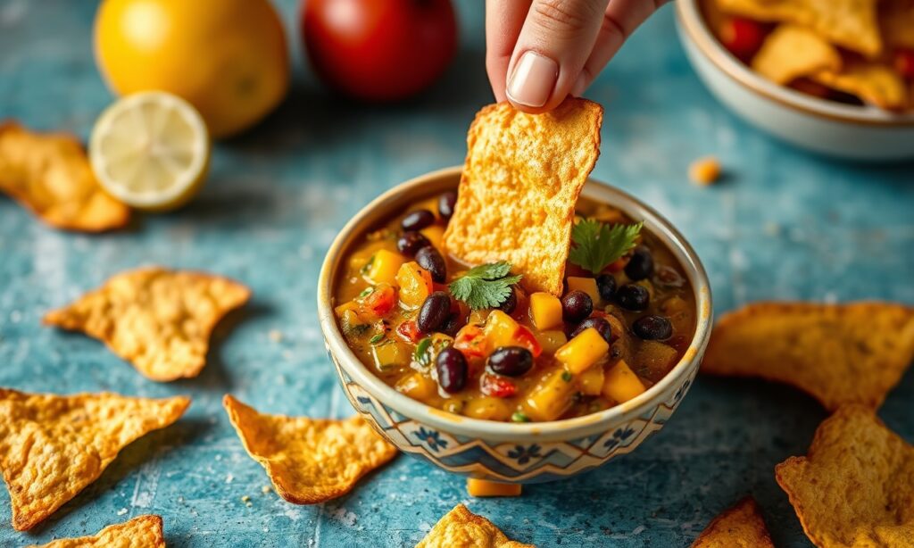 Tropical Twist: Mango black bean salsa with plantain chips.