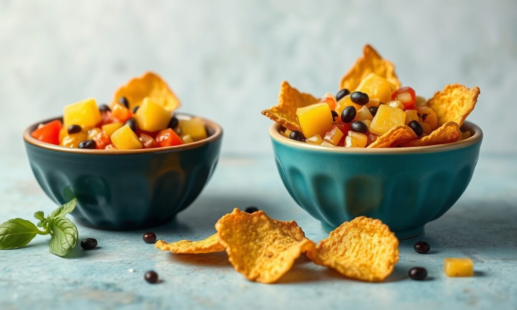 Tropical Twist: Mango black bean salsa with plantain chips.