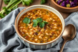 Hearty tradition: Delicious lentil soup with fresh greens.