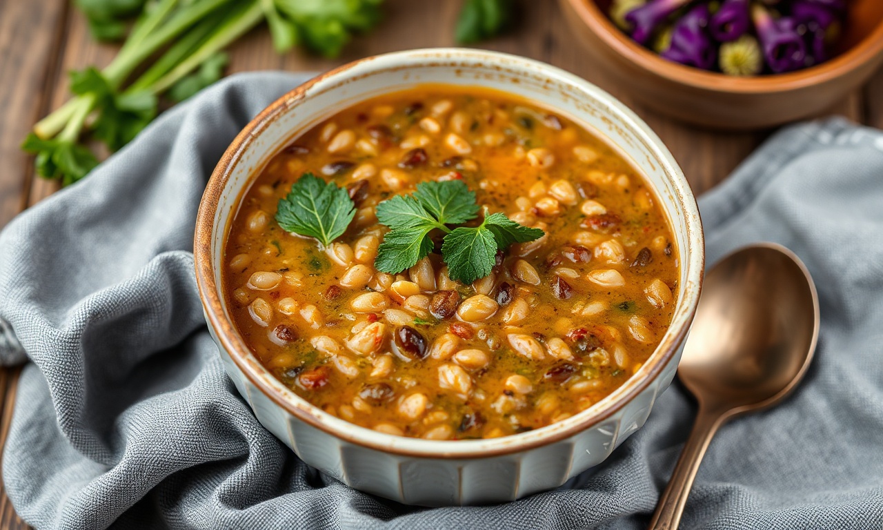 Hearty tradition: Delicious lentil soup with fresh greens.