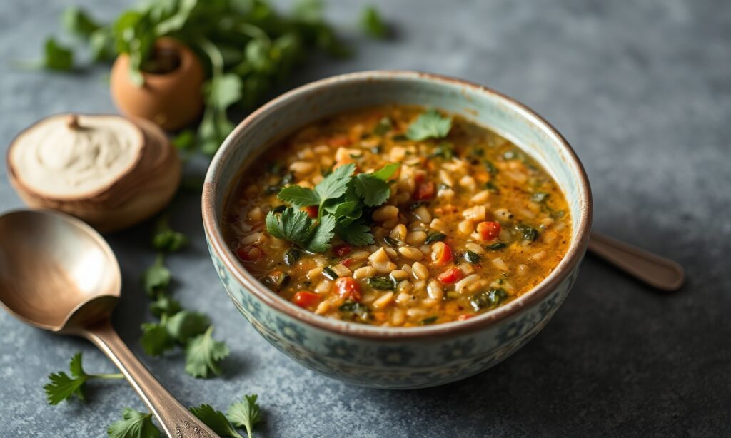 Hearty Tradition: Lentil soup with fresh greens, soulful cooking.