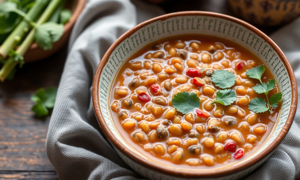 Hearty Tradition: Steaming lentil soup with fresh greens.