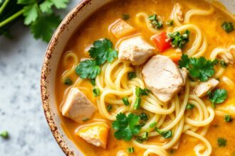 Cozy keto chicken noodle soup with zesty zucchini noodles recipe.