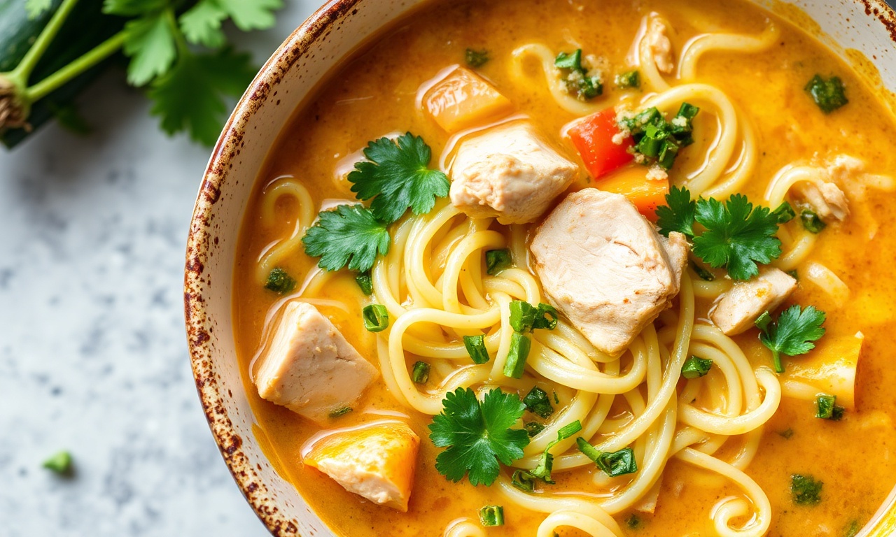 Cozy keto chicken noodle soup with zesty zucchini noodles recipe.