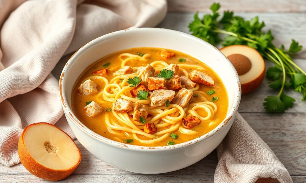 Cozy keto chicken noodle soup with zesty zucchini noodles.