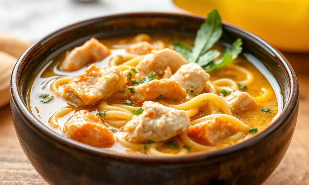 Cozy keto chicken noodle soup with zesty zucchini noodles.