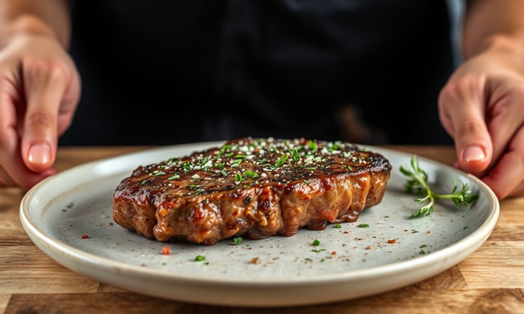 Savor Future: Cozy seitan vegan steaks, a plant-based culinary hero.