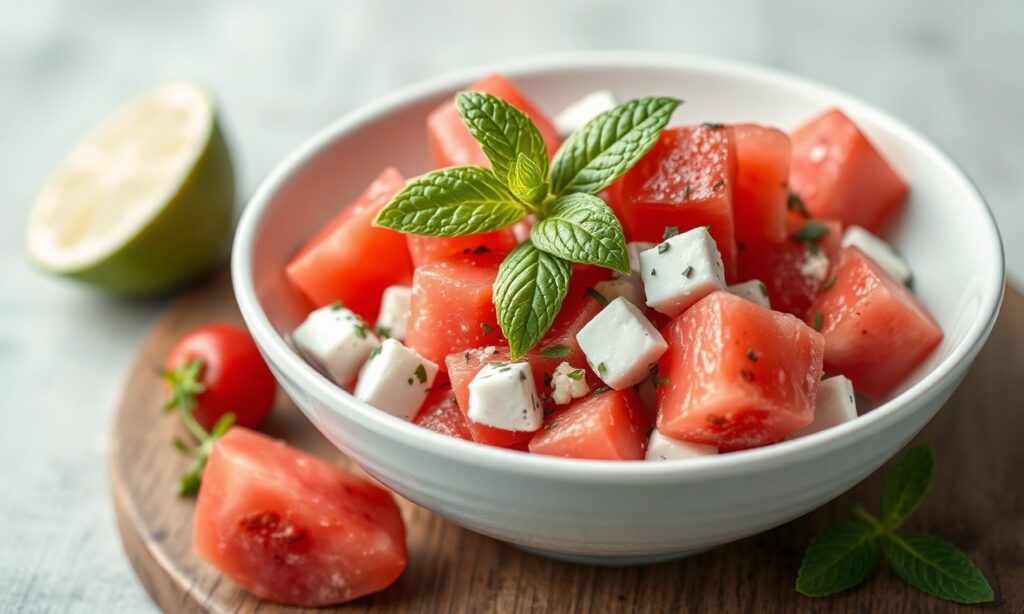 Refreshing watermelon feta salad with mint: simple summer delight.