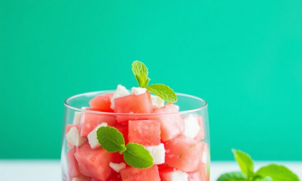 Refreshing watermelon feta salad with mint, a cool summer treat.