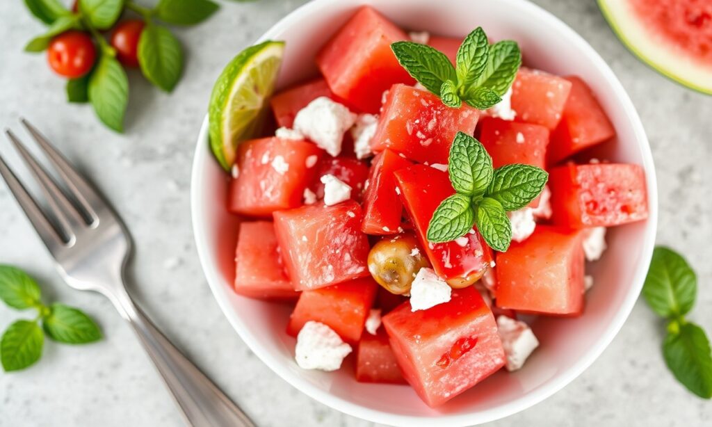 Refreshing watermelon feta salad with mint, a cool summer treat.