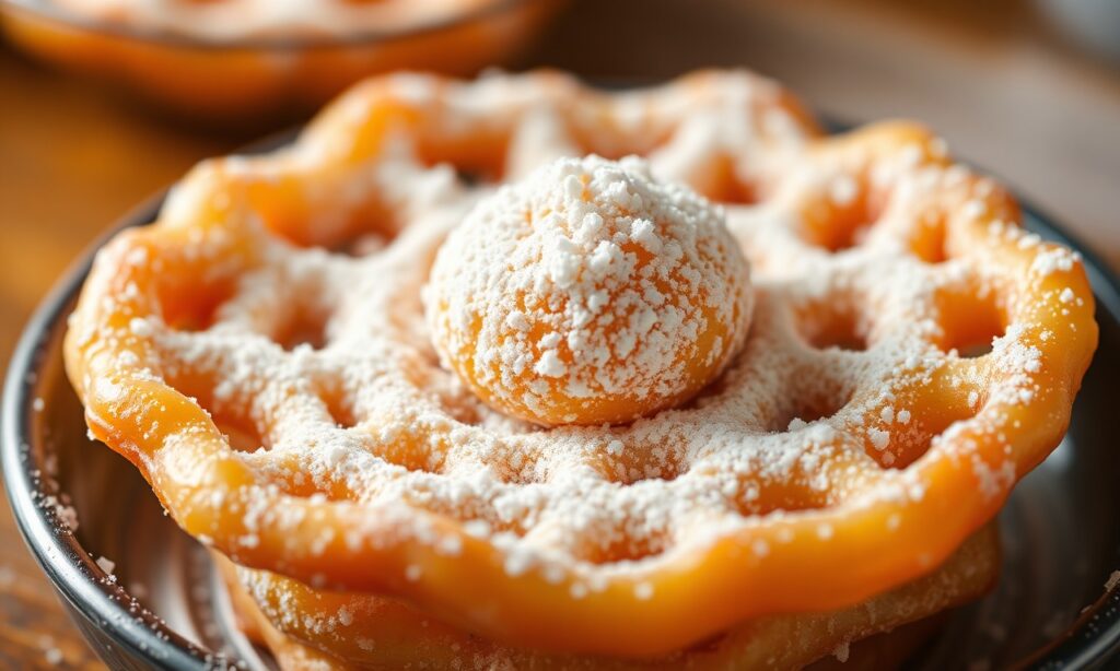 Golden funnel cake sizzling, the ultimate crispy treat.