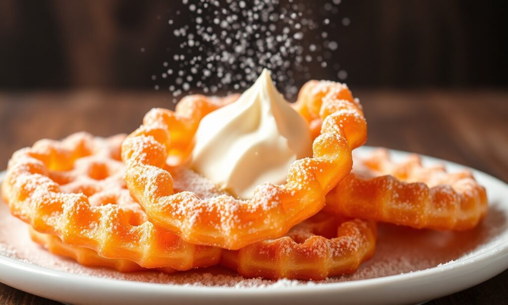 Golden funnel cake sizzling, the ultimate crispy treat.