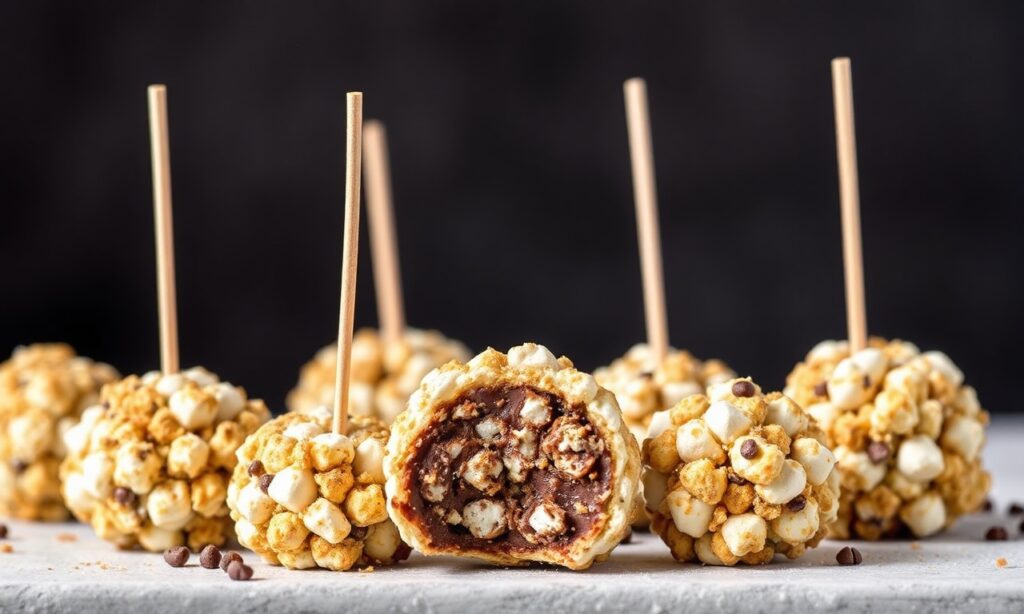 Gooey s'mores popcorn balls: chocolatey, toasty, and irresistible.