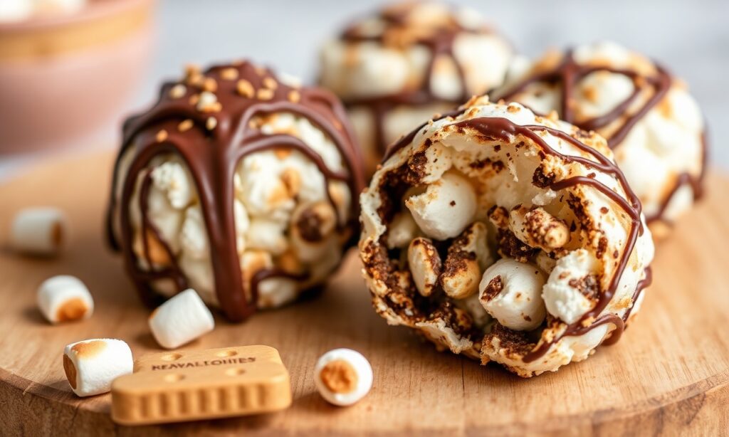 Gooey, chocolatey s'mores popcorn balls: an irresistible campfire treat.