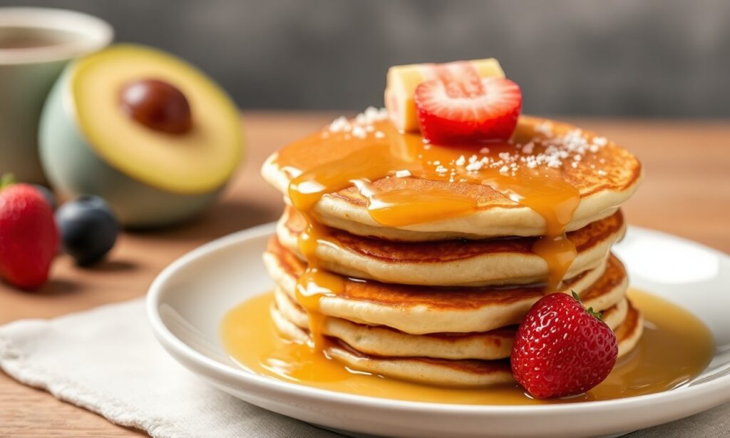 Fluffy dulce de leche pancakes, a sweet breakfast hug.