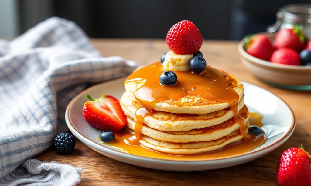 Fluffy dulce de leche pancakes: a sweet, decadent morning treat.