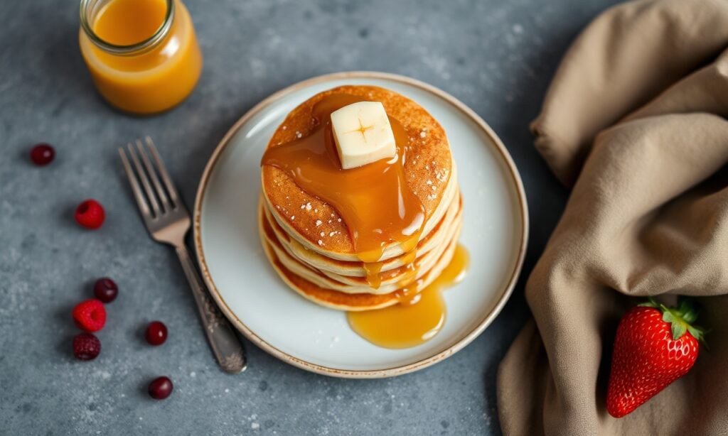 Fluffy dulce de leche pancakes: a sweet, decadent morning treat.