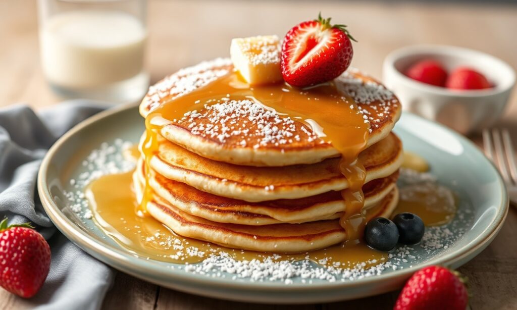 Fluffy dulce de leche pancakes: a sweet, decadent morning treat.