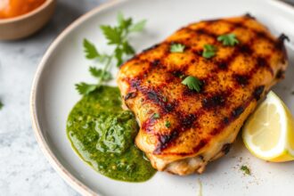 Juicy keto grilled chicken with vibrant chimichurri sauce.
