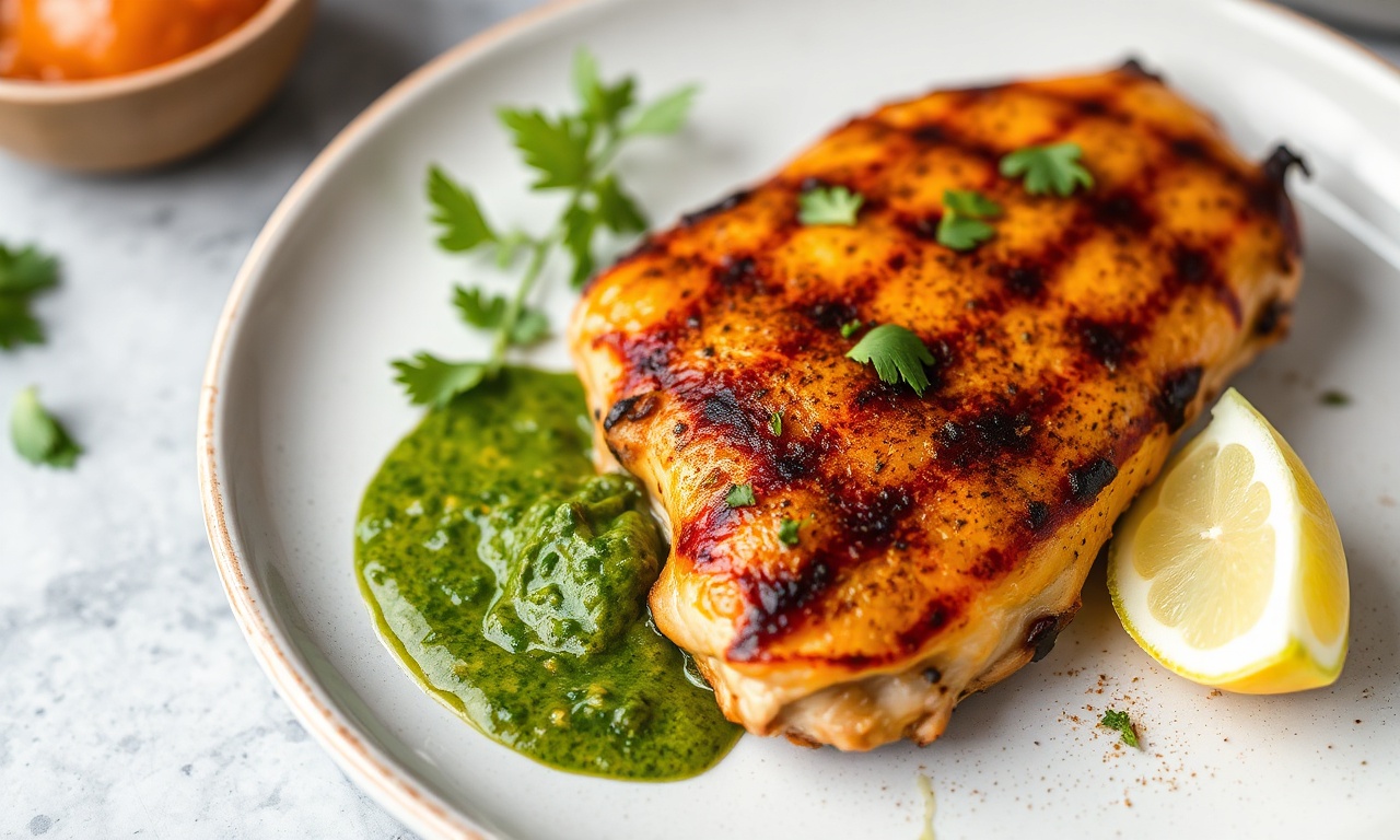 Juicy keto grilled chicken with vibrant chimichurri sauce.