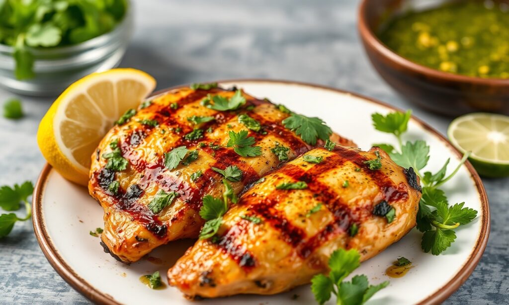 Juicy keto grilled chicken with vibrant chimichurri sauce.