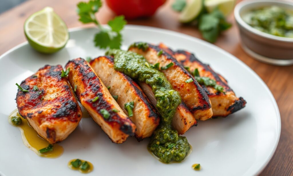 Juicy keto grilled chicken with zesty chimichurri, a flavorful low-carb feast.