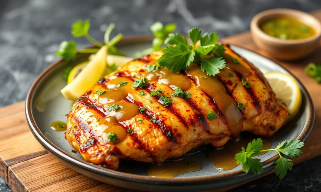 Juicy keto grilled chicken with zesty chimichurri, a flavorful low-carb feast.