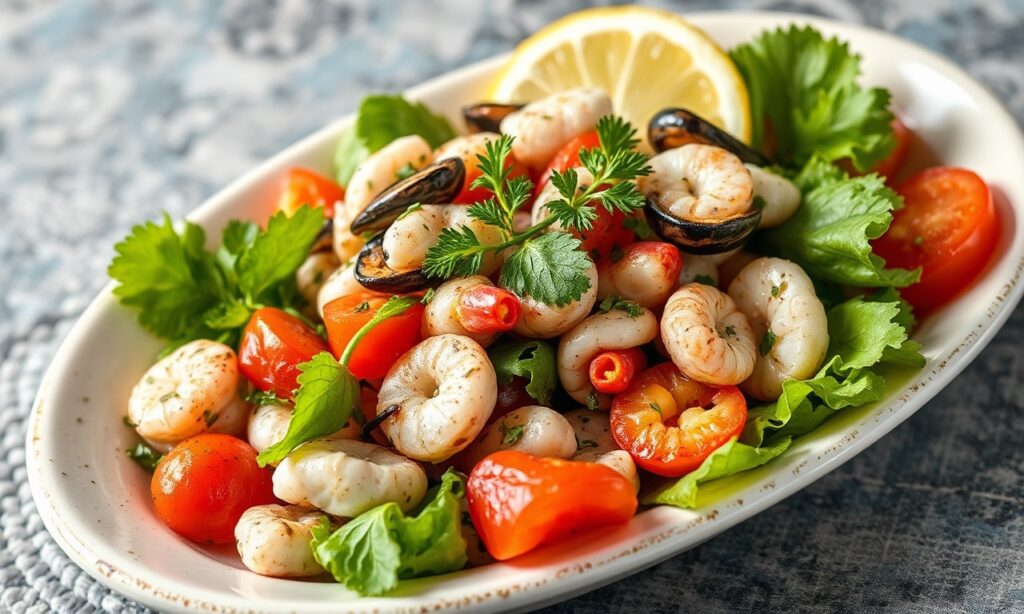Discover zesty Italian seafood salad bursting with sunlit charm.