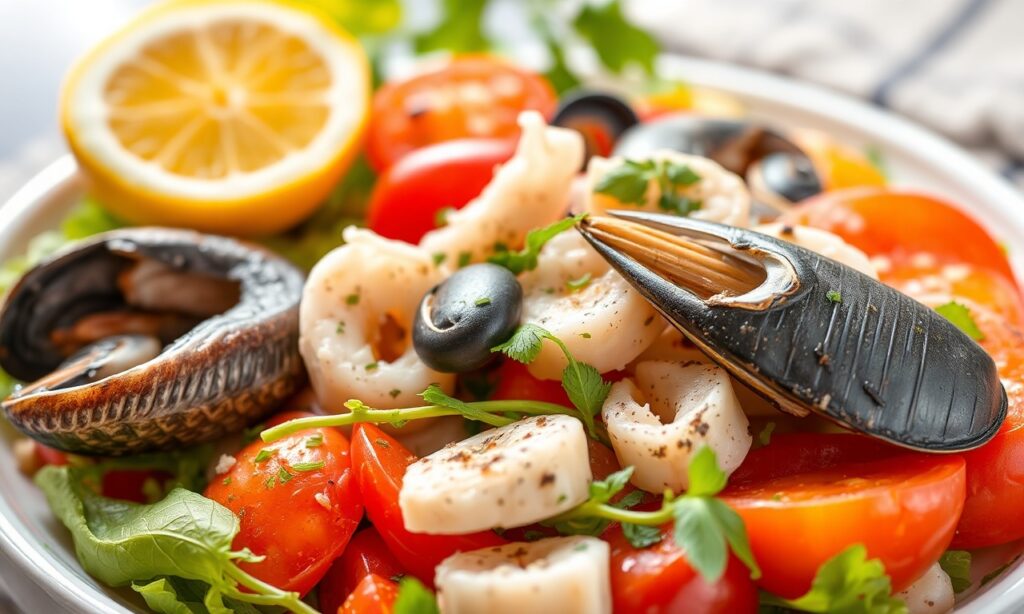Discover zesty Italian seafood salad bursting with sunlit charm.