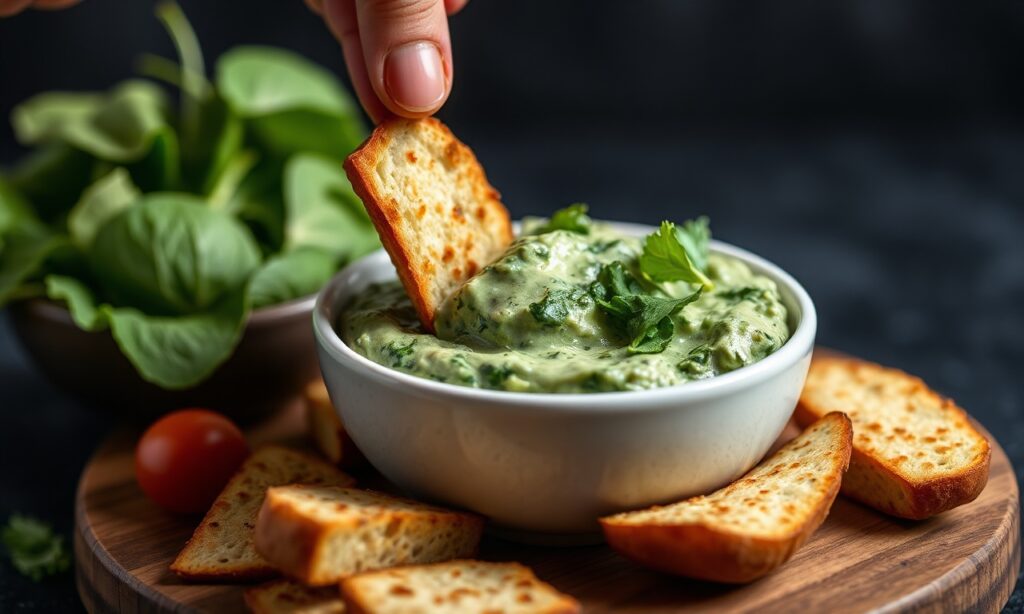Wholesome vegan spinach dip: creamy plant-based delight, nature's bounty.