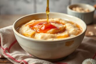 Golden British porridge with honey, a sweet morning delight.