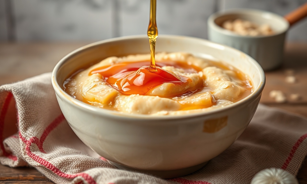 Golden British porridge with honey, a sweet morning delight.