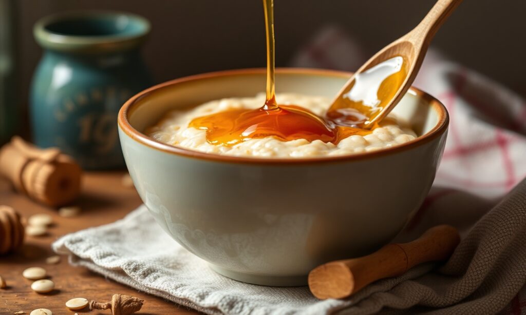 Golden British porridge with honey drizzle, a sweet morning delight.