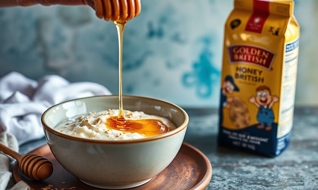 Golden British porridge with honey drizzle, a sweet morning delight.