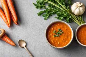 Hearty red lentil and carrot soup, a nutritious delight.